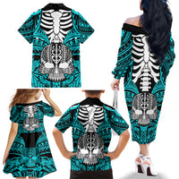 Personalised Polynesia Skull Family Matching Off Shoulder Long Sleeve Dress and Hawaiian Shirt With Boars Tusk Aqua Arty Vibe LT9 - Polynesian Pride