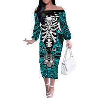 Personalised Polynesia Skull Family Matching Off Shoulder Long Sleeve Dress and Hawaiian Shirt With Boars Tusk Aqua Arty Vibe LT9 Mom's Dress Aqua - Polynesian Pride