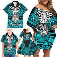 Personalised Polynesia Skull Family Matching Off Shoulder Short Dress and Hawaiian Shirt With Boars Tusk Aqua Arty Vibe LT9 - Polynesian Pride