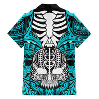 Personalised Polynesia Skull Family Matching Short Sleeve Bodycon Dress and Hawaiian Shirt With Boars Tusk Aqua Arty Vibe LT9 - Polynesian Pride