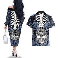 Personalised Polynesia Skull Couples Matching Off The Shoulder Long Sleeve Dress and Hawaiian Shirt With Boars Tusk Blue Arty Vibe LT9 - Polynesian Pride