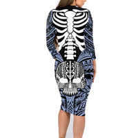 Personalised Polynesia Skull Family Matching Long Sleeve Bodycon Dress and Hawaiian Shirt With Boars Tusk Blue Arty Vibe LT9 - Polynesian Pride