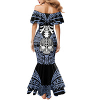 Personalised Polynesia Skull Family Matching Mermaid Dress and Hawaiian Shirt With Boars Tusk Blue Arty Vibe LT9 - Polynesian Pride