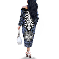 Personalised Polynesia Skull Family Matching Off Shoulder Long Sleeve Dress and Hawaiian Shirt With Boars Tusk Blue Arty Vibe LT9 - Polynesian Pride
