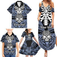 Personalised Polynesia Skull Family Matching Summer Maxi Dress and Hawaiian Shirt With Boars Tusk Blue Arty Vibe LT9 - Polynesian Pride