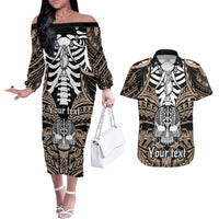 Personalised Polynesia Skull Couples Matching Off The Shoulder Long Sleeve Dress and Hawaiian Shirt With Boars Tusk Gold Arty Vibe LT9 Gold - Polynesian Pride