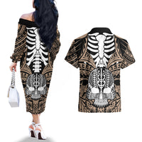 Personalised Polynesia Skull Couples Matching Off The Shoulder Long Sleeve Dress and Hawaiian Shirt With Boars Tusk Gold Arty Vibe LT9 - Polynesian Pride