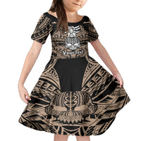 Personalised Polynesia Skull Family Matching Long Sleeve Bodycon Dress and Hawaiian Shirt With Boars Tusk Gold Arty Vibe LT9 Daughter's Dress Gold - Polynesian Pride