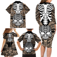 Personalised Polynesia Skull Family Matching Long Sleeve Bodycon Dress and Hawaiian Shirt With Boars Tusk Gold Arty Vibe LT9 - Polynesian Pride