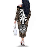 Personalised Polynesia Skull Family Matching Off Shoulder Long Sleeve Dress and Hawaiian Shirt With Boars Tusk Gold Arty Vibe LT9 - Polynesian Pride