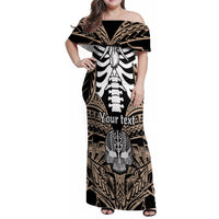 Personalised Polynesia Skull Family Matching Off Shoulder Maxi Dress and Hawaiian Shirt With Boars Tusk Gold Arty Vibe LT9 Mom's Dress Gold - Polynesian Pride