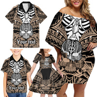 Personalised Polynesia Skull Family Matching Off Shoulder Short Dress and Hawaiian Shirt With Boars Tusk Gold Arty Vibe LT9 - Polynesian Pride