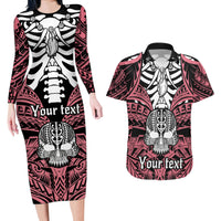 Personalised Polynesia Skull Couples Matching Long Sleeve Bodycon Dress and Hawaiian Shirt With Boars Tusk Pink Arty Vibe LT9 Pink - Polynesian Pride