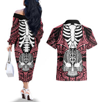 Personalised Polynesia Skull Couples Matching Off The Shoulder Long Sleeve Dress and Hawaiian Shirt With Boars Tusk Pink Arty Vibe LT9 - Polynesian Pride