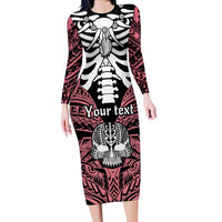 Personalised Polynesia Skull Family Matching Long Sleeve Bodycon Dress and Hawaiian Shirt With Boars Tusk Pink Arty Vibe LT9 Mom's Dress Pink - Polynesian Pride