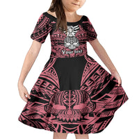 Personalised Polynesia Skull Family Matching Off Shoulder Long Sleeve Dress and Hawaiian Shirt With Boars Tusk Pink Arty Vibe LT9 Daughter's Dress Pink - Polynesian Pride