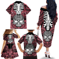Personalised Polynesia Skull Family Matching Off Shoulder Long Sleeve Dress and Hawaiian Shirt With Boars Tusk Pink Arty Vibe LT9 - Polynesian Pride