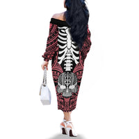 Personalised Polynesia Skull Family Matching Off Shoulder Long Sleeve Dress and Hawaiian Shirt With Boars Tusk Pink Arty Vibe LT9 - Polynesian Pride