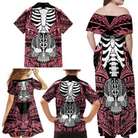 Personalised Polynesia Skull Family Matching Off Shoulder Maxi Dress and Hawaiian Shirt With Boars Tusk Pink Arty Vibe LT9 - Polynesian Pride