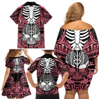 Personalised Polynesia Skull Family Matching Off Shoulder Short Dress and Hawaiian Shirt With Boars Tusk Pink Arty Vibe LT9 - Polynesian Pride