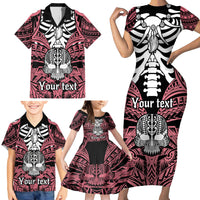 Personalised Polynesia Skull Family Matching Short Sleeve Bodycon Dress and Hawaiian Shirt With Boars Tusk Pink Arty Vibe LT9 - Polynesian Pride