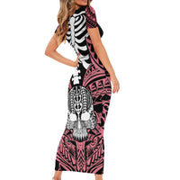 Personalised Polynesia Skull Family Matching Short Sleeve Bodycon Dress and Hawaiian Shirt With Boars Tusk Pink Arty Vibe LT9 - Polynesian Pride