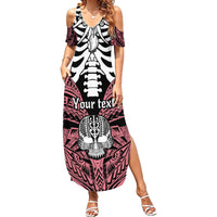 Personalised Polynesia Skull Family Matching Summer Maxi Dress and Hawaiian Shirt With Boars Tusk Pink Arty Vibe LT9 Mom's Dress Pink - Polynesian Pride