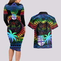 Fiji LGBT Couples Matching Long Sleeve Bodycon Dress and Hawaiian Shirt Love Is Love Tapa Pattern Rainbow Water Color LT9 - Polynesian Pride