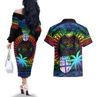 Fiji LGBT Couples Matching Off The Shoulder Long Sleeve Dress and Hawaiian Shirt Love Is Love Tapa Pattern Rainbow Water Color LT9 - Polynesian Pride