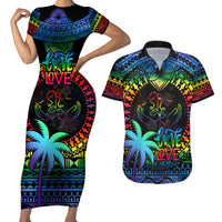Fiji LGBT Couples Matching Short Sleeve Bodycon Dress and Hawaiian Shirt Love Is Love Tapa Pattern Rainbow Water Color LT9 Black - Polynesian Pride