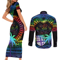 Fiji LGBT Couples Matching Short Sleeve Bodycon Dress and Long Sleeve Button Shirts Love Is Love Tapa Pattern Rainbow Water Color LT9 - Polynesian Pride