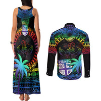 Fiji LGBT Couples Matching Tank Maxi Dress and Long Sleeve Button Shirts Love Is Love Tapa Pattern Rainbow Water Color LT9 - Polynesian Pride