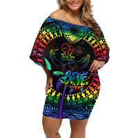 Fiji LGBT Family Matching Off Shoulder Short Dress and Hawaiian Shirt Love Is Love Tapa Pattern Rainbow Water Color LT9 Mom's Dress Black - Polynesian Pride