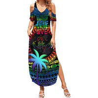 Fiji LGBT Family Matching Summer Maxi Dress and Hawaiian Shirt Love Is Love Tapa Pattern Rainbow Water Color LT9 Mom's Dress Black - Polynesian Pride