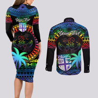 Personalised Fiji LGBT Couples Matching Long Sleeve Bodycon Dress and Long Sleeve Button Shirts Love Is Love Tapa Pattern Rainbow Water Color LT9 - Polynesian Pride