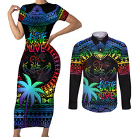 Personalised Fiji LGBT Couples Matching Short Sleeve Bodycon Dress and Long Sleeve Button Shirts Love Is Love Tapa Pattern Rainbow Water Color LT9 Black - Polynesian Pride