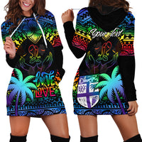 Personalised Fiji LGBT Hoodie Dress Love Is Love Tapa Pattern Rainbow Water Color LT9 - Polynesian Pride