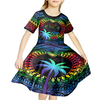 Personalised Fiji LGBT Kid Short Sleeve Dress Love Is Love Tapa Pattern Rainbow Water Color LT9 - Polynesian Pride