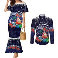 Felis Pusgua Guam Santa Couples Matching Mermaid Dress and Long Sleeve Button Shirt Merry Christmas with Polynesian Tribal LT9 Blue - Polynesian Pride