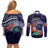 Felis Pusgua Guam Santa Couples Matching Off Shoulder Short Dress and Long Sleeve Button Shirt Merry Christmas with Polynesian Tribal LT9 - Polynesian Pride