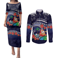 Felis Pusgua Guam Santa Couples Matching Puletasi and Long Sleeve Button Shirt Merry Christmas with Polynesian Tribal LT9 Blue - Polynesian Pride