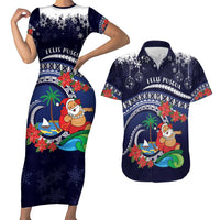 Felis Pusgua Guam Santa Couples Matching Short Sleeve Bodycon Dress and Hawaiian Shirt Merry Christmas with Polynesian Tribal LT9 Blue - Polynesian Pride