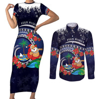 Felis Pusgua Guam Santa Couples Matching Short Sleeve Bodycon Dress and Long Sleeve Button Shirt Merry Christmas with Polynesian Tribal LT9 Blue - Polynesian Pride