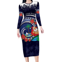 Felis Pusgua Guam Santa Family Matching Long Sleeve Bodycon Dress and Hawaiian Shirt Merry Christmas with Polynesian Tribal LT9 Mom's Dress Blue - Polynesian Pride