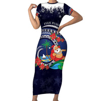 Felis Pusgua Guam Santa Family Matching Short Sleeve Bodycon Dress and Hawaiian Shirt Merry Christmas with Polynesian Tribal LT9 Mom's Dress Blue - Polynesian Pride