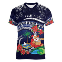 Felis Pusgua Guam Santa Women V-Neck T-Shirt Merry Christmas with Polynesian Tribal LT9 Female Blue - Polynesian Pride