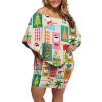 Mele Kalikimaka Hawaii Christmas Family Matching Off Shoulder Short Dress and Hawaiian Shirt Funny Santan Hippie Style LT9 Mom's Dress Beige - Polynesian Pride