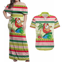 Mele Kalikimaka Hawaii Christmas Couples Matching Off Shoulder Maxi Dress and Hawaiian Shirt Surfing Santa with Polynesian Tribal LT9 Green - Polynesian Pride