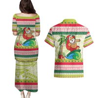 Mele Kalikimaka Hawaii Christmas Couples Matching Puletasi and Hawaiian Shirt Surfing Santa with Polynesian Tribal LT9 - Polynesian Pride
