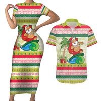 Mele Kalikimaka Hawaii Christmas Couples Matching Short Sleeve Bodycon Dress and Hawaiian Shirt Surfing Santa with Polynesian Tribal LT9 Green - Polynesian Pride